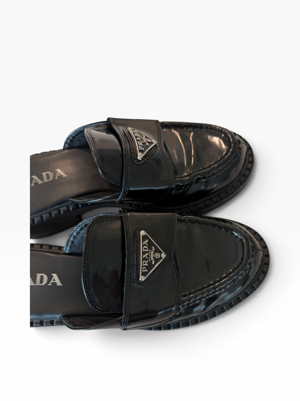 Prada Black Patent Leather Slip-On classic prada logo slides mules - Picture 8 of 12